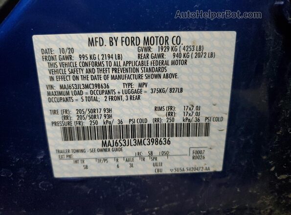 MAJ6S3JL3MC398636 2021 FORD ECOSPORT Синий 