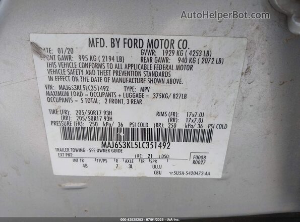 MAJ6S3KL5LC351492 2020 FORD ECOSPORT Silver Вид підкапотного простору