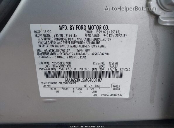 MAJ6S3KL5MC403107 2021 FORD ECOSPORT Silver Engine compartment view
