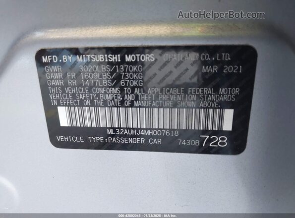 ML32AUHJ4MH007618 2021 MITSUBISHI MIRAGE Silver Շարժիչի բաժամունքի տեսք