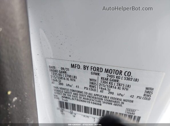 NM0LS7S26N1510608 2022 FORD TRANSIT CONNECT White Vista de la etiqueta del VIN