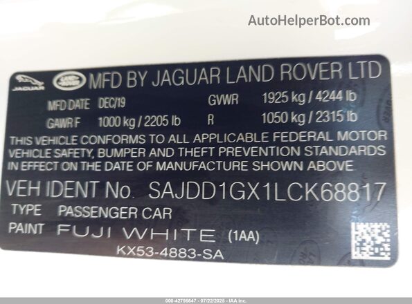 SAJDD1GX1LCK68817 2020 JAGUAR F-TYPE White 