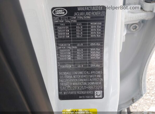 SALCL2FX2MH887329 2021 LAND ROVER DISCOVERY SPORT White ძრავის განყოფილების ხედი