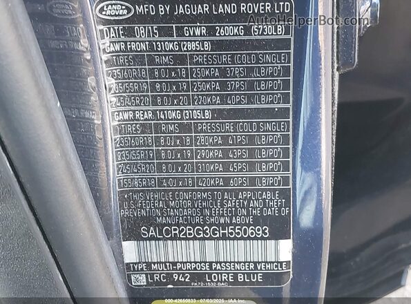 SALCR2BG3GH550693 2016 LAND ROVER DISCOVERY SPORT Blue 