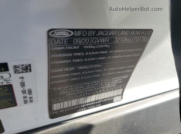 SALGS4RY6MA420041 2021 LAND ROVER RANGE White 