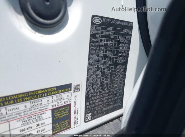 SALYB2EX2KA214461 2019 LAND ROVER RANGE ROVER VELAR White Вид підкапотного простору