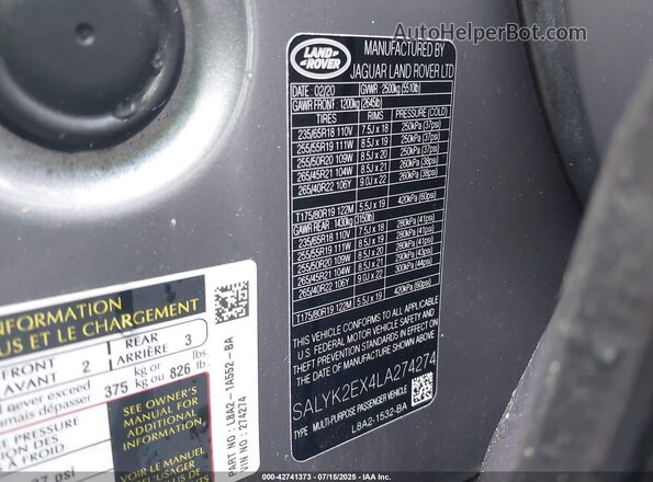 SALYK2EX4LA274274 2020 LAND ROVER RANGE ROVER VELAR Gray Vista del compartimento del motor
