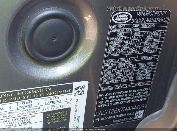 SALYT2EX7NA344091 2022 LAND ROVER RANGE ROVER VELAR Gray Vista del compartimento del motor