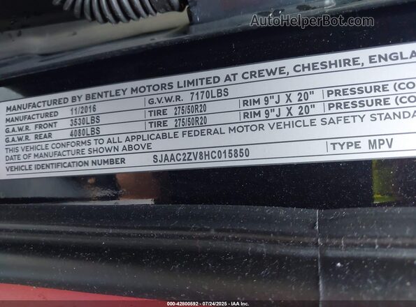 SJAAC2ZV8HC015850 2017 BENTLEY BENTAYGA Черный Вид подкапотного пространства