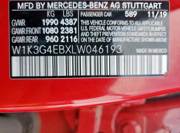 W1K3G4EBXLW046193 2020 MERCEDES-BENZ A-CLASS Красный Вид наклейки с VIN-кодом