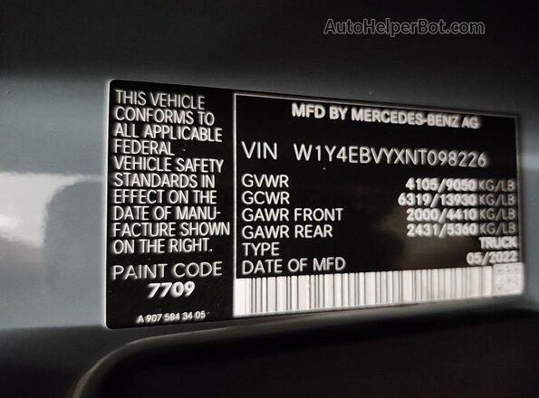 W1Y4EBVYXNT098226 2022 MERCEDES-BENZ SPRINTER  Вид салону спереду