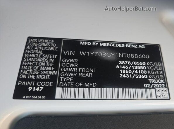 W1Y70BGY1NT088600 2022 MERCEDES-BENZ SPRINTER  VIN կոդի պիտակի տեսք