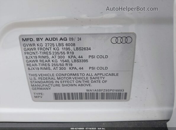 WA1A5BFZ9SP016693 2025 AUDI Q4 White 