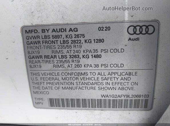 WA1G2AFY9L2068103 2020 AUDI Q5 White 