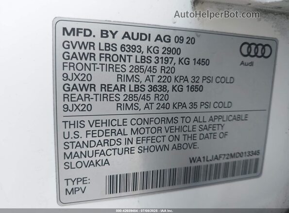 WA1LJAF72MD013345 2021 AUDI Q7 White 