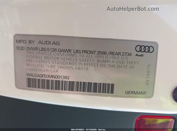 WAU2AGF50MN001382 2021 AUDI OTHER White Вид підкапотного простору