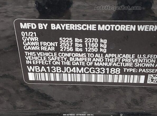 WBA13BJ04MCG33188 2021 BMW 7 SERIES Black ძრავის განყოფილების ხედი