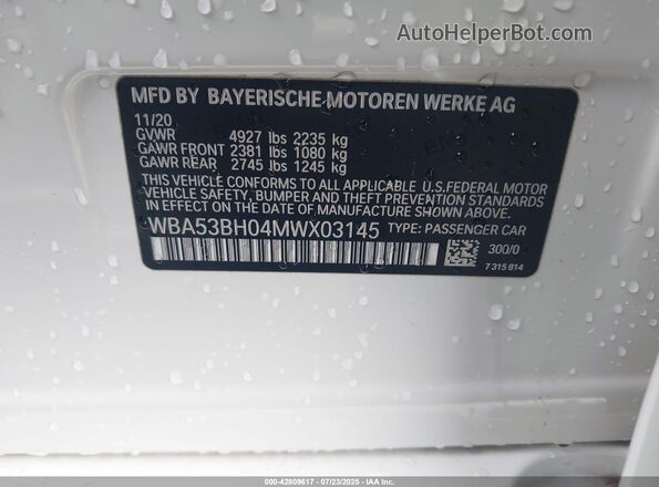 WBA53BH04MWX03145 2021 BMW OTHER Белый 