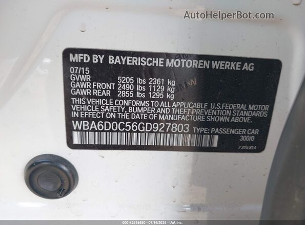 WBA6D0C56GD927803 2016 BMW 6 SERIES White Вид підкапотного простору