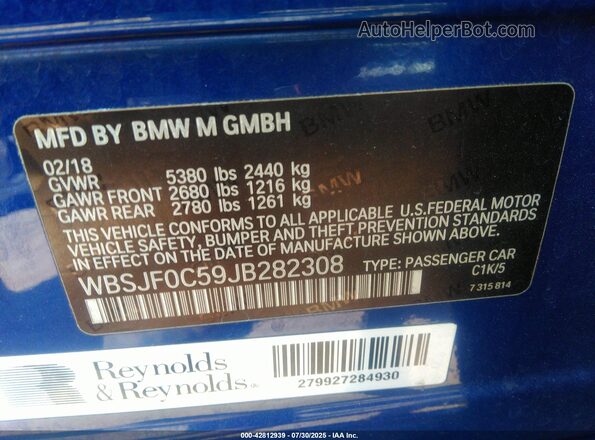 WBSJF0C59JB282308 2018 BMW M5 Dark Blue 