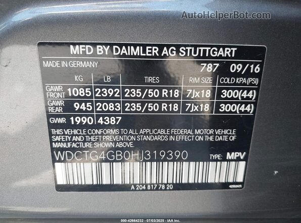 WDCTG4GB0HJ319390 2017 MERCEDES-BENZ GLA 250 Gray 