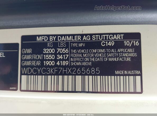 WDCYC3KF7HX265685 2017 MERCEDES-BENZ G 550 White Вид підкапотного простору