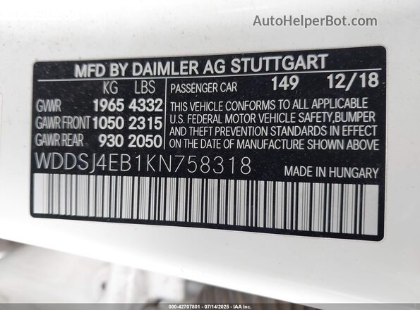 WDDSJ4EB1KN758318 2019 MERCEDES-BENZ CLA 250 White Շարժիչի բաժամունքի տեսք