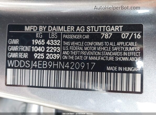 WDDSJ4EB9HN420917 2017 MERCEDES-BENZ CLA 250 Серебряный 