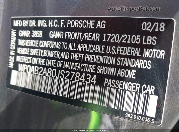 WP0AB2A80JS278434 2018 PORSCHE CAYMAN Серый Вид подкапотного пространства