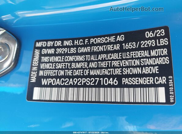 WP0AC2A92PS271046 2023 PORSCHE 911 Blue Vista del compartimento del motor