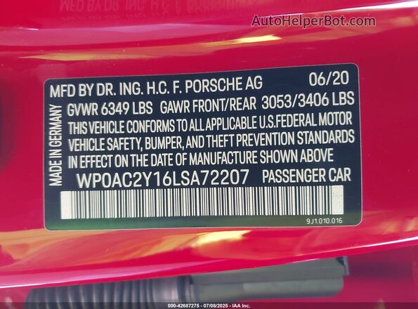 WP0AC2Y16LSA72207 2020 PORSCHE TAYCAN Red Շարժիչի բաժամունքի տեսք