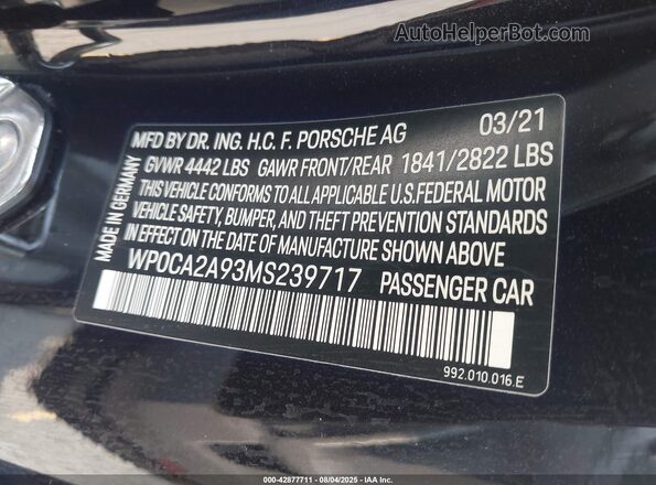 WP0CA2A93MS239717 2021 PORSCHE 911 Черный Вид подкапотного пространства