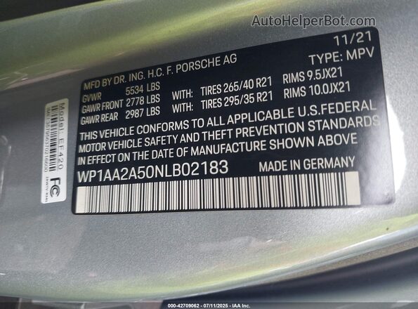 WP1AA2A50NLB02183 2022 PORSCHE MACAN Gray Вид підкапотного простору