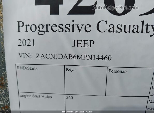 ZACNJDAB6MPN14460 2021 JEEP RENEGADE Silver Engine compartment view