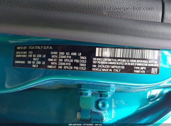 ZACNJDB11MPN35156 2021 JEEP RENEGADE Blue Engine compartment view