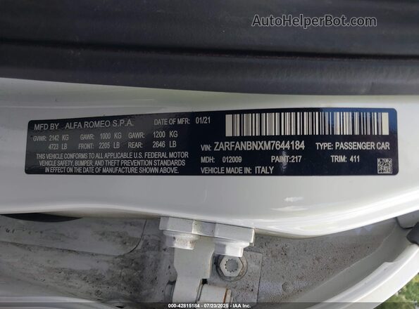 ZARFANBNXM7644184 2021 ALFA ROMEO GIULIA White 