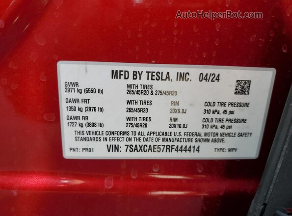 7SAXCAE57RF444414 2024 TESLA MODEL Red Вид наклейки з VIN-кодом