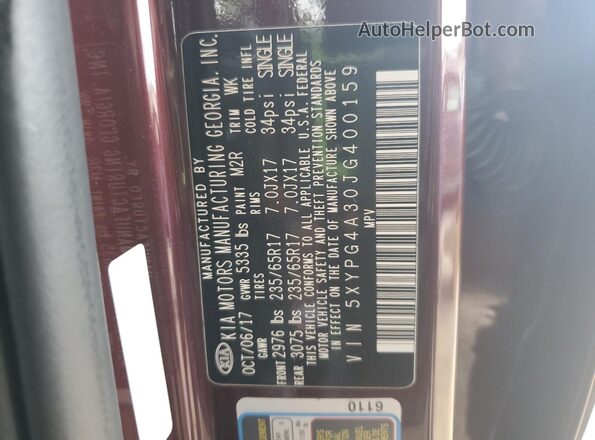 5XYPG4A30JG400159 2018 KIA SORENTO Burgundy 