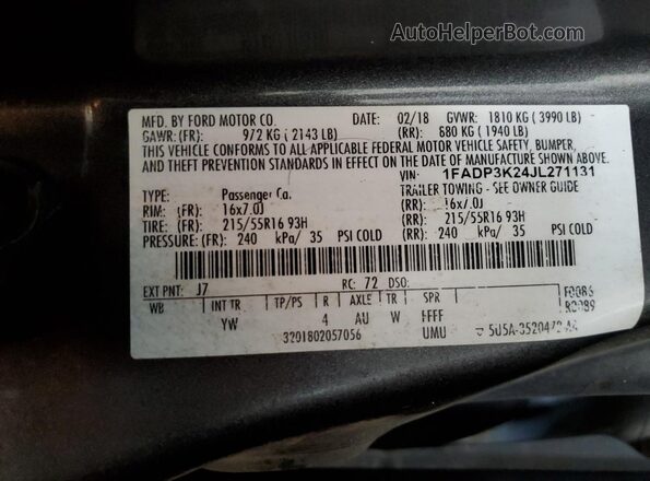 1FADP3K24JL271131 2018 FORD FOCUS Серый 