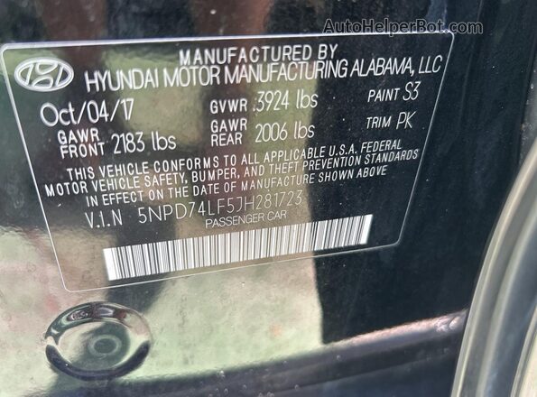 5NPD74LF5JH281723 2018 HYUNDAI ELANTRA Black 
