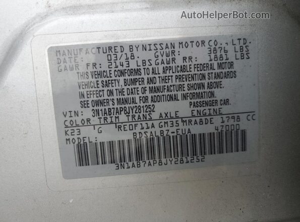 3N1AB7AP8JY281252 2018 NISSAN SENTRA Silver 