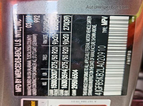 4JGFB5KB2LA020910 2020 MERCEDES-BENZ GLE-CLASS Gray Панорамний вид салону 360°