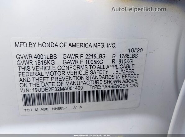 19UDE2F32MA001409 2021 ACURA ILX White Widok komory silnika