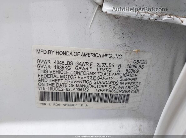19UDE2F82LA006152 2020 ACURA ILX White Вид підкапотного простору