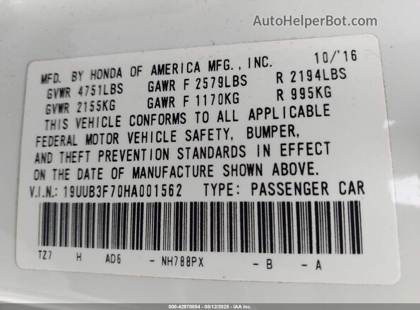 19UUB3F70HA001562 2017 ACURA TLX White 