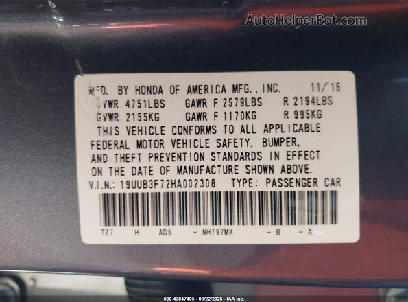 19UUB3F72HA002308 2017 ACURA TLX Серый 