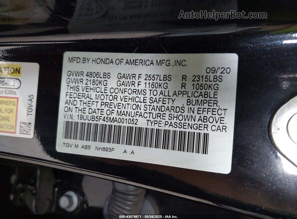 19UUB5F45MA001052 2021 ACURA TLX Black Vista del compartimento del motor