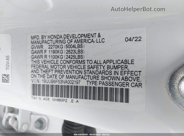 19UUB6F53NA002197 2022 ACURA TLX White 