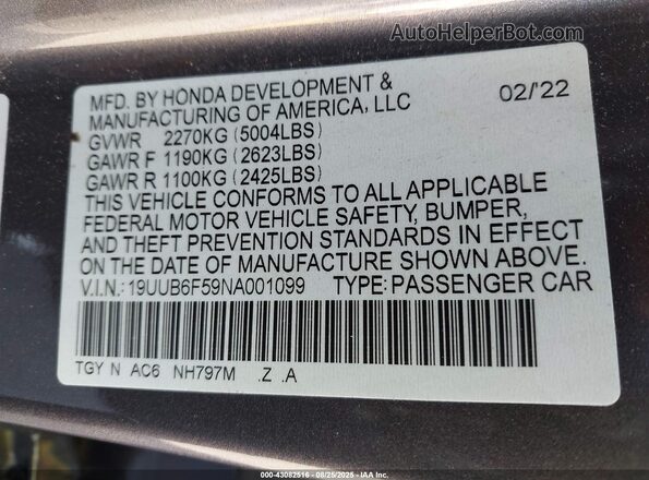 19UUB6F59NA001099 2022 ACURA TLX Gray Vista del compartimento del motor