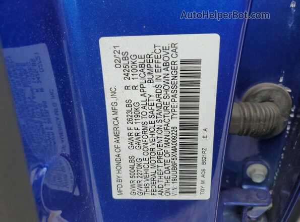 19UUB6F5XMA009226 2021 ACURA TLX Blue VIN კოდის სტიკერის ხედი